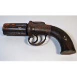 A 19thC. Manton, London percussion pepperbox revolver, 8.5in long