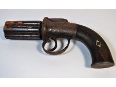 A 19thC. Manton, London percussion pepperbox revolver, 8.5in long