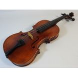 A violin, no maker mark, with case, no bow, 23.25i