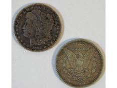 Two 19thC. USA silver dollars, 1886 & 1890, 52.6g