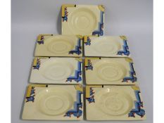 Seven art deco Clarice Cliff Biarritz plates dating to 1933, each 6in x 5in, some varying degrees of