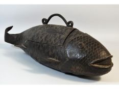 A 19thC. Chinese bronze koi censer, 17.25in long x