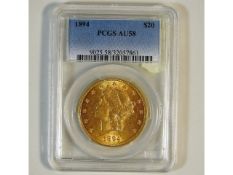 A PCGS, AU58 graded cased 1894 US double eagle $20