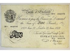 A June 24th 1949 white £5 bank note, serial no. N7