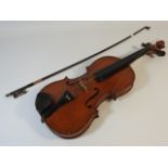 A violin with case & bow, no maker mark, two piece