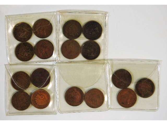 Seventeen US one cent coins dating from 1887-1907
