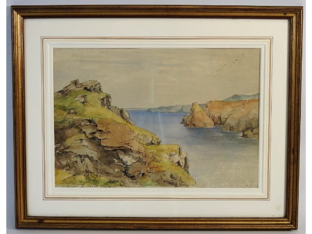 A framed watercolour "Coast of Cornwall" indistinc