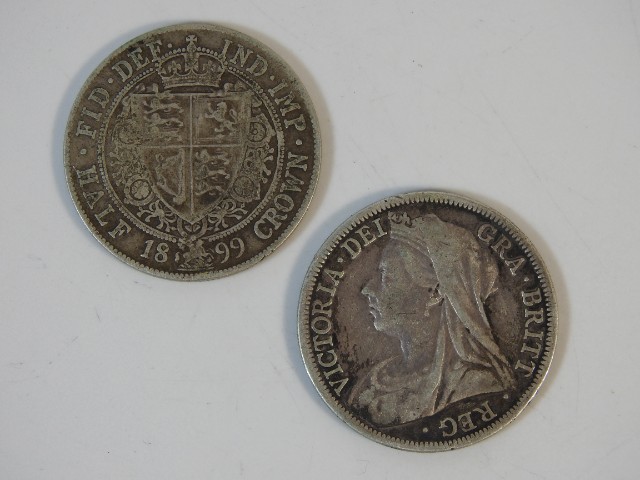 Two Victorian silver shield back half crowns, 1899
