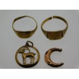 Four pieces of 9ct jewellery, three a/f, 9g