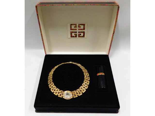 A Givenchy Ysatis perfume set with costume necklac