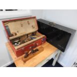 A carpenters case with contents, one other empty, a large wooden plane & a windsock display pole