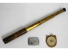 A brass & leather telescope with Oriental decor twinned with a vesta case & a Calculex scale rule, a