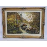 A large gilt framed Arthur Read oil on canvas of Denham Bridge, Bere Alston, image size 35in x 23.5i