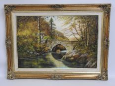 A large gilt framed Arthur Read oil on canvas of Denham Bridge, Bere Alston, image size 35in x 23.5i