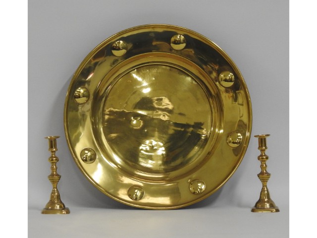 A large antique brass tray, 20in diameter, with a