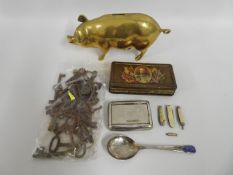 A brass pig money box & contents, a bag of antique