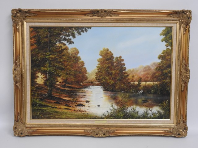 A large gilt framed Arthur Read oil on canvas of River Tavy, Devon, image size 35in x 23.5in