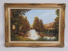 A large gilt framed Arthur Read oil on canvas of River Tavy, Devon, image size 35in x 23.5in