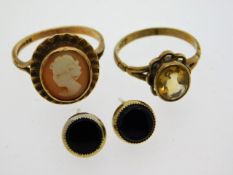 A 9ct gold cameo ring twinned with 9ct gold yellow topaz ring & a pair of 9ct gold & onyx earrings,