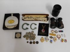 A Dalvey flask, top stiff, a selection of badges &