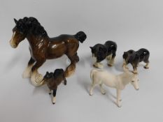 A Beswick shire horse & four others, one pony a/f