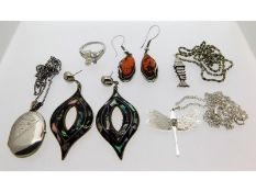 A pair amber earrings & other silver & white metal