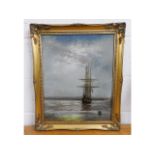 A gilt framed oil painting of a sail ship, signed