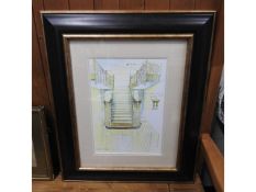 A framed print of a sketch of Belvoir Newels stair