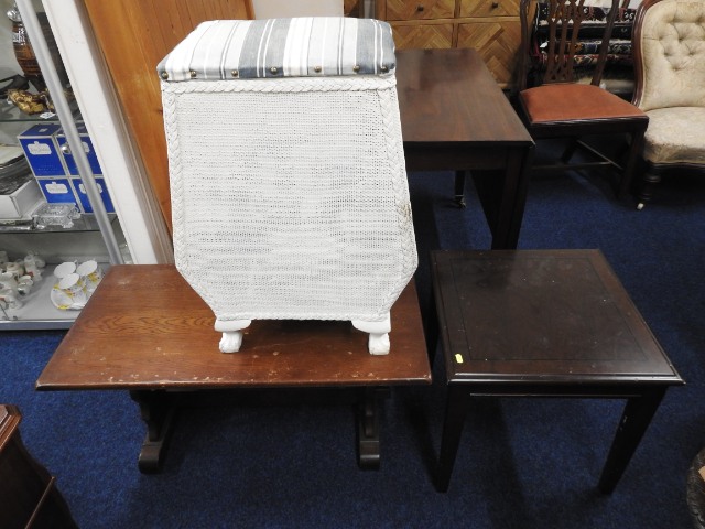 A Lloyd Loom style basket, an oak coffee table & o