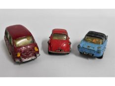 Three Spot-On diecast toy cars, BMW Esetta, Fiat M