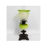 A Victorian lime coloured opaline glass oil lamp w