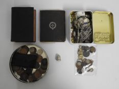 A quantity of mixed coinage, a bible, sewing items