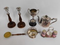 A pair of 1920's oak candlesticks & miniature bras