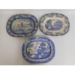 Three blue & white transferware meat dishes, large