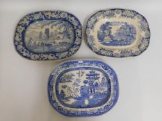Three blue & white transferware meat dishes, large
