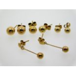 Four pairs of 9ct gold earrings, one back missing,
