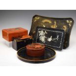 Quantity of Chinese black lacquered trays, boxes etc