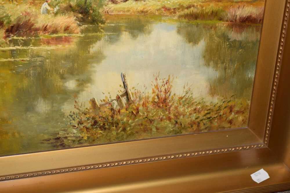 Henry Cooper - Oil on canvas - Cottage beside a lake - Image 3 of 6
