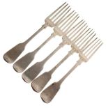 Five silver Fiddle pattern table forks