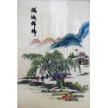 Japanese silkwork panel with landscape decoration