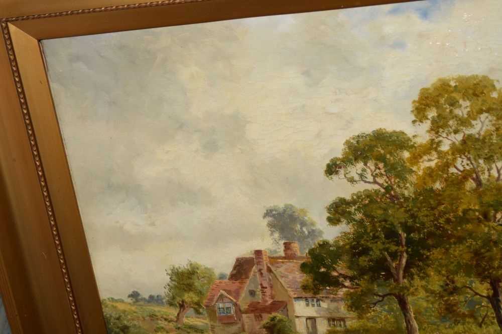 Henry Cooper - Oil on canvas - Cottage beside a lake - Image 5 of 6