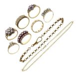 Group of 9ct yellow metal rings and bracelets