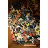 Quantity of Britains and other plastic model soldiers, knight, animal, etc.