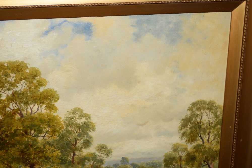 Henry Cooper - Oil on canvas - Cottage beside a lake - Image 4 of 6
