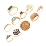 Ten assorted 9ct gold and yellow metal rings