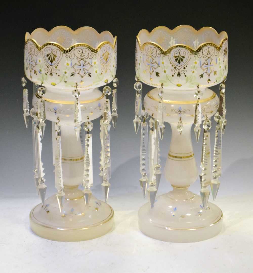 Pair of opaque glass table lustres with clear drops