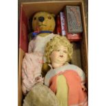Quantity of vintage toys to include; composite headed doll, mohair bears and rabbit, etc.