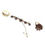 18ct ring (missing stones), red stone cluster ring, and bar brooch