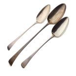 Pair of George III tablespoons together with a Georgian basting spoon