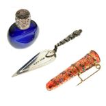 Silver trowel bookmark, scent bottle and buttonhole holder